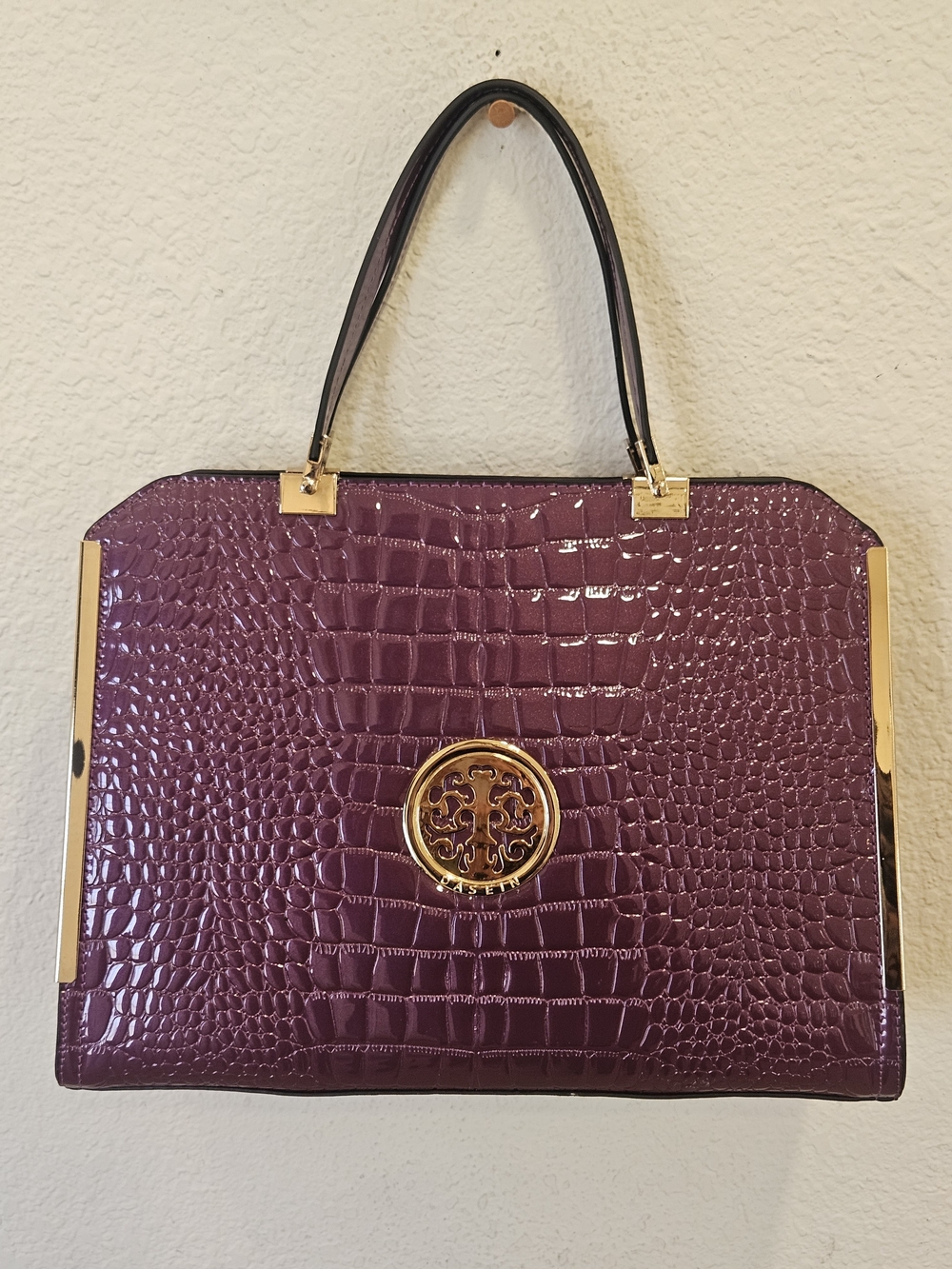 Dasein Structured Trapeze Satchel Handbag - Croc Patent Deep Purple Gold Logo